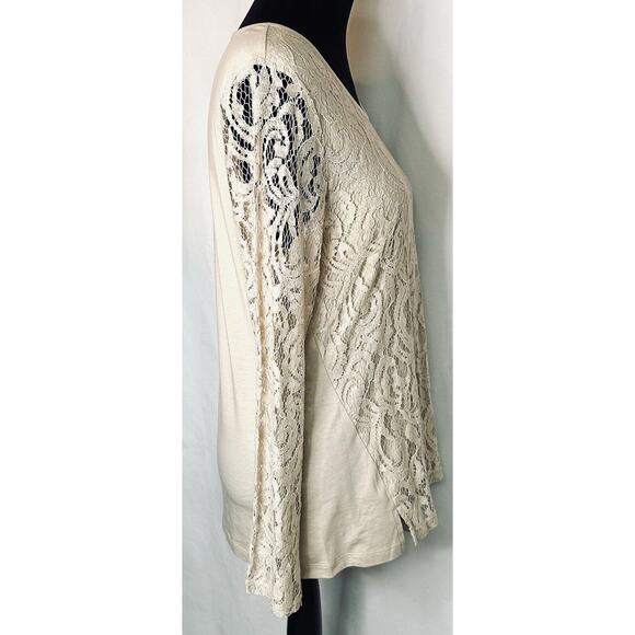 Chico's Sz 1 Misses Sz 8 Beige Long Sl. Tee w/Gold Stitched Lace Front & Sleeves - Picture 4 of 5